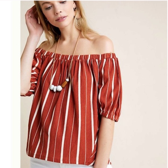 Anthropologie Elodie Off-Shoulder Top Terracotta Burnt Orange Stripes Size Large - Picture 1 of 8